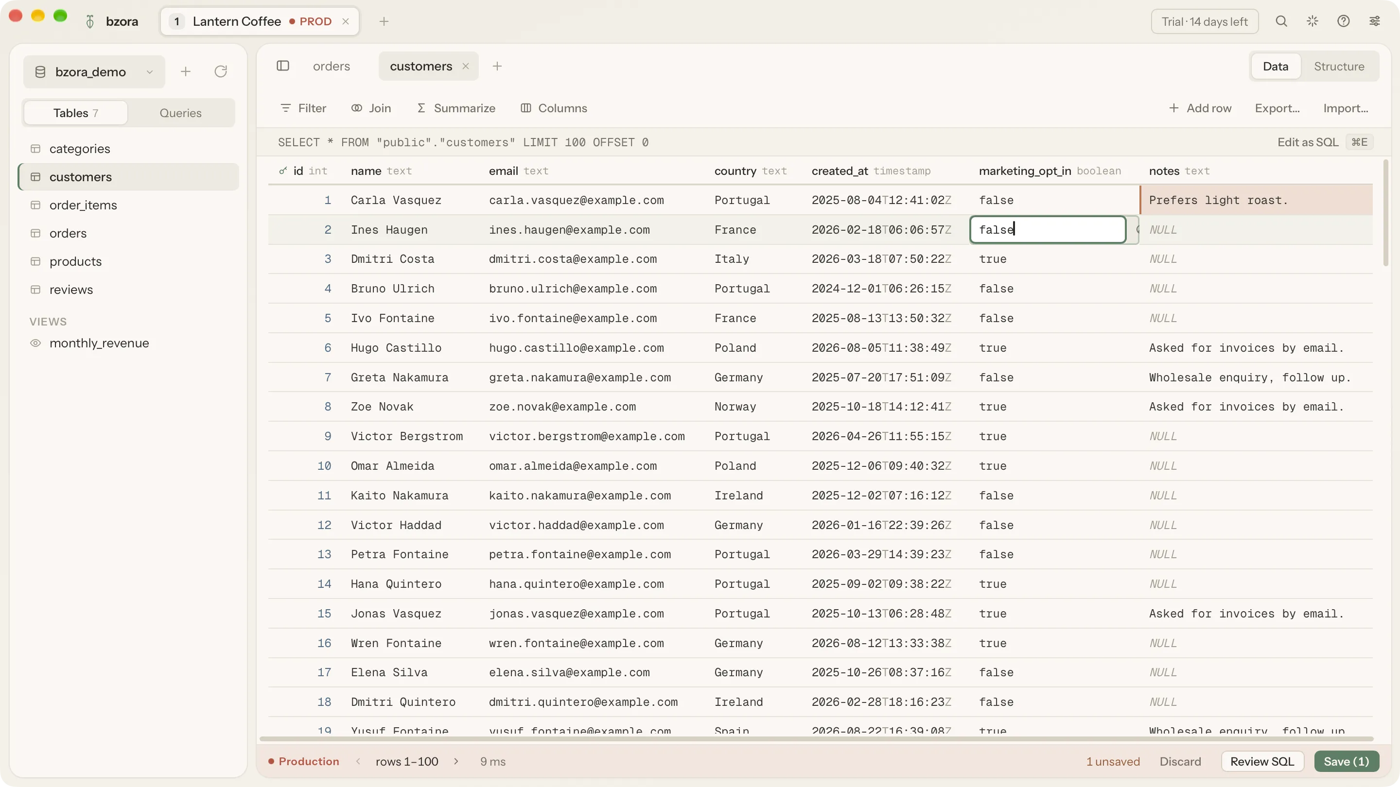 bzora showing the customers table of a production database, with one edited cell waiting to be reviewed