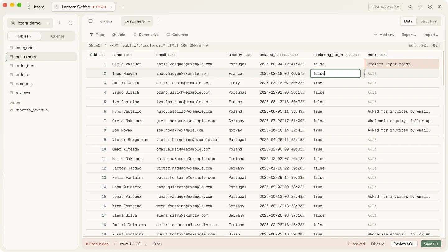 bzora showing the customers table of a production database, with one edited cell waiting to be reviewed
