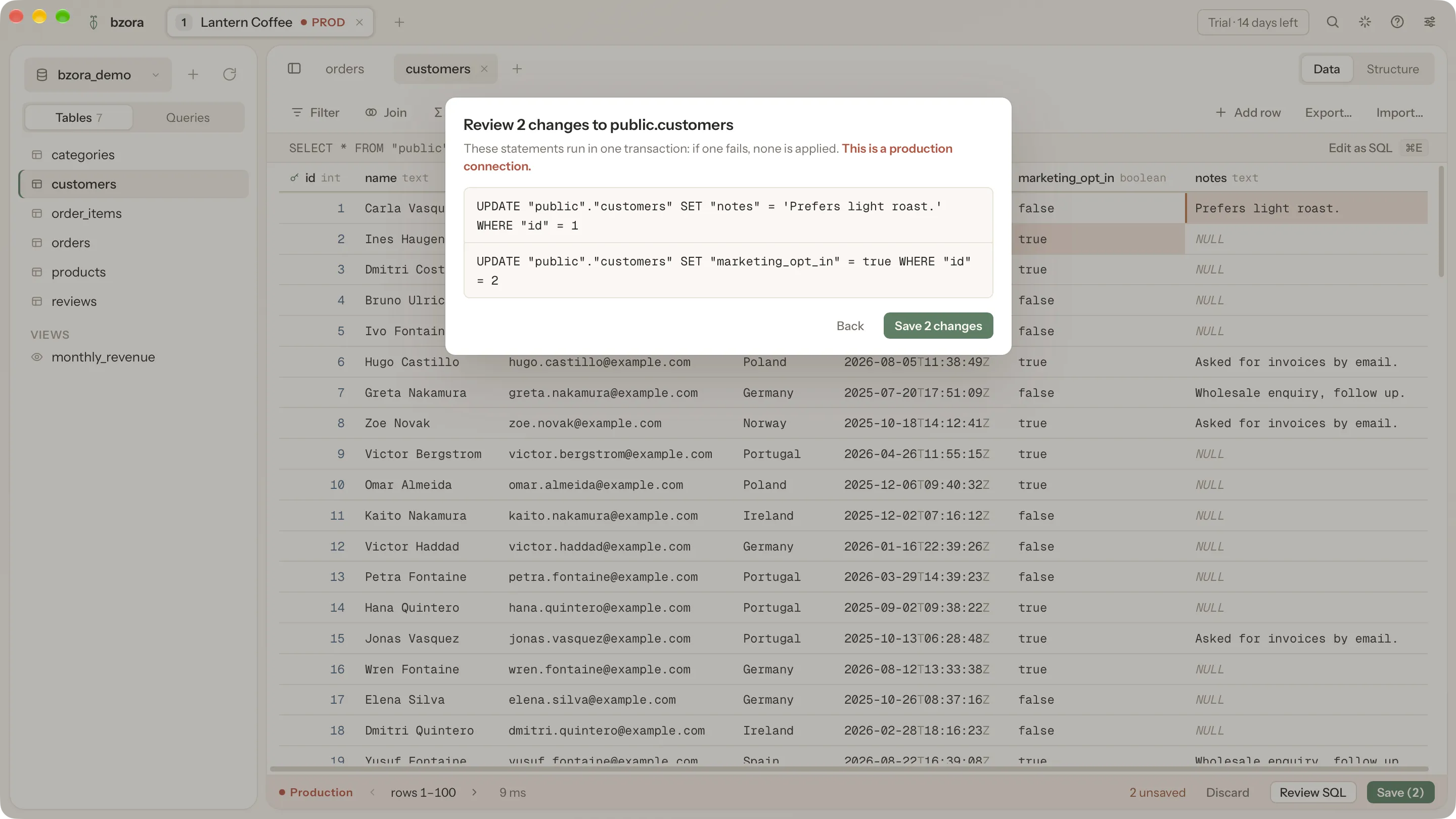 The review dialog listing two UPDATE statements before they are saved to a production connection