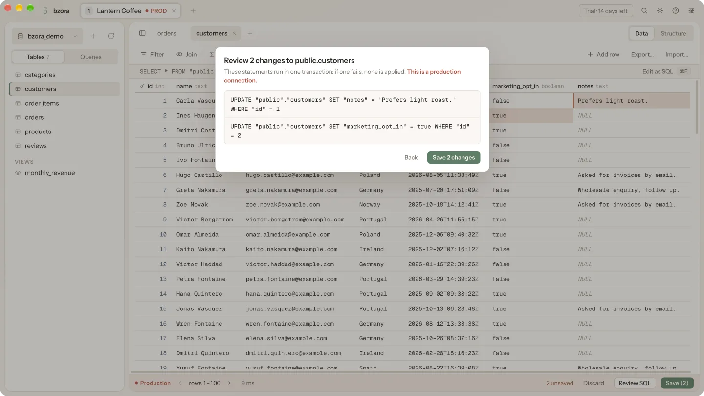 The review dialog listing two UPDATE statements before they are saved to a production connection