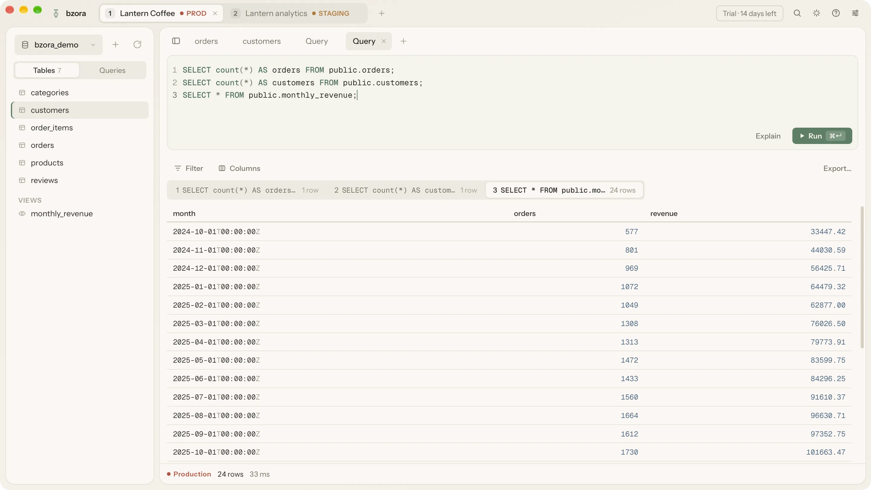 A script of three statements with one result tab per statement